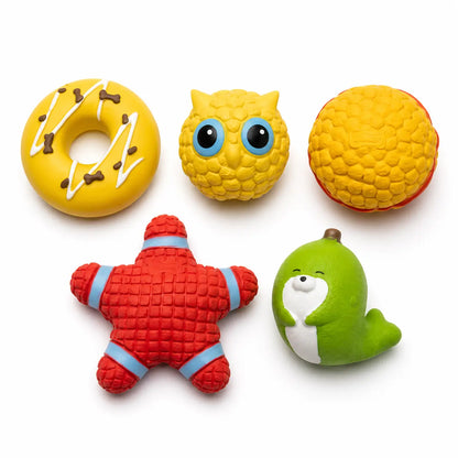 5PCS Squeaky Latex Dog Chew Set - Cute Soft Interactive Squeak Toys for Small-Medium Dogs, Fetch Accessories (Donut, Owl, Ball, Star, Seal) - Lightweight, Easy-To-Clean for Outdoor Play