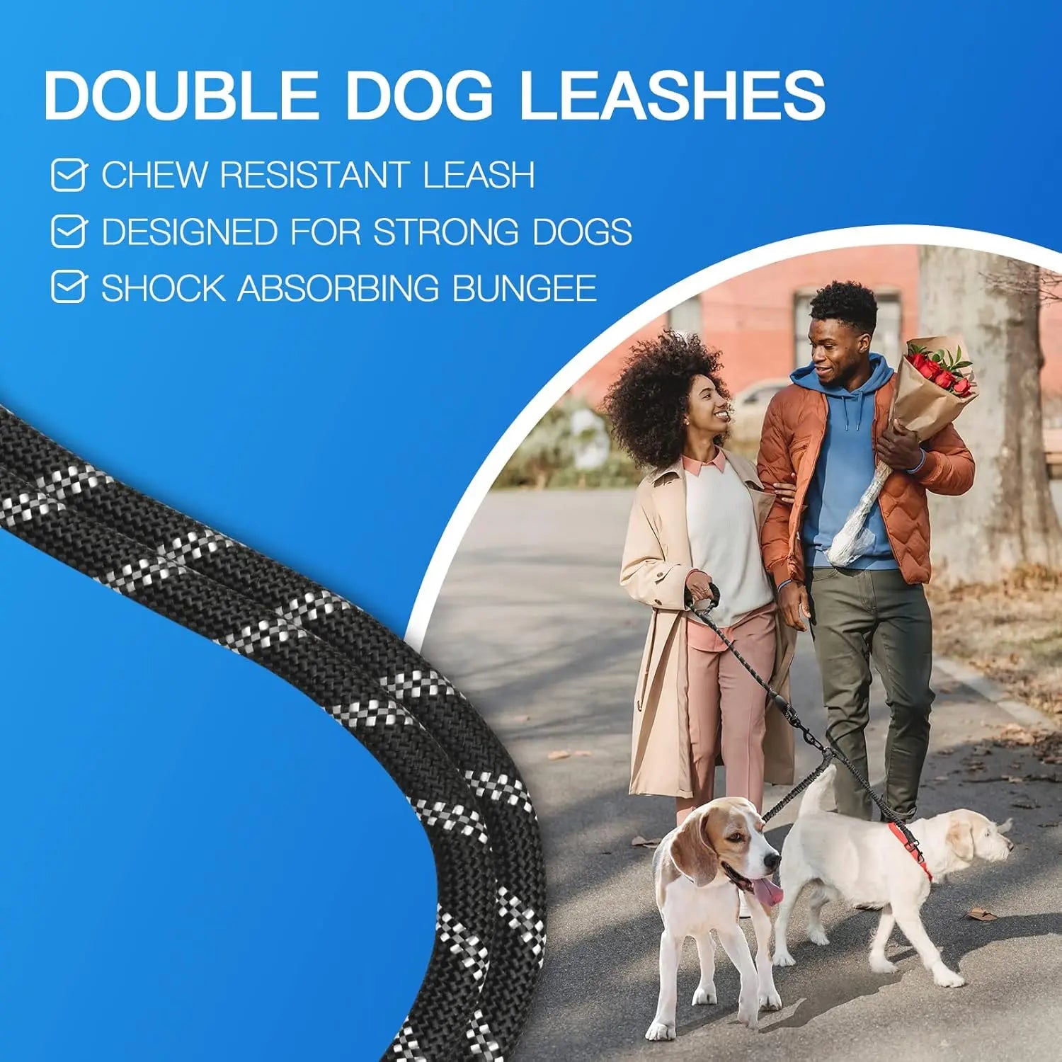 Pipidodo Dual Dog Leash with Shock Absorber, Tangle-Free 360° Swivel, Comfortable Padded Handle for Walking 2 Dogs No Pull