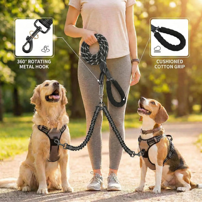 Pipidodo Dual Dog Leash with Shock Absorber, Tangle-Free 360° Swivel, Comfortable Padded Handle for Walking 2 Dogs No Pull