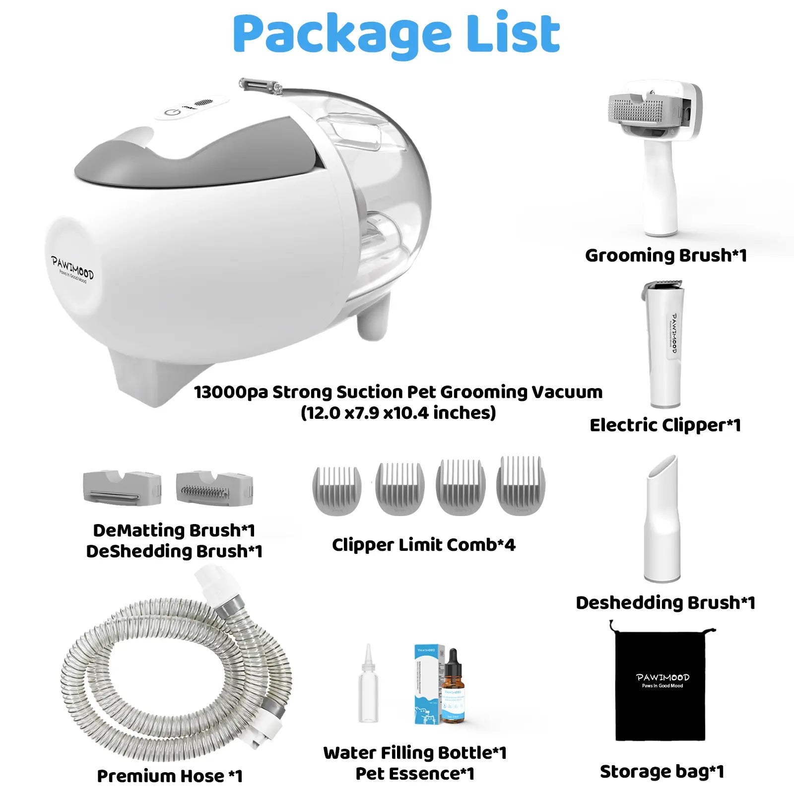 Pawimood 5-In-1 Pet Grooming Vacuum for Shedding Grooming, 13000PA Strong Suction Dog Grooming Kit with 2L Dust Cup, Professional Hair Removal and Home Cleaning Tool