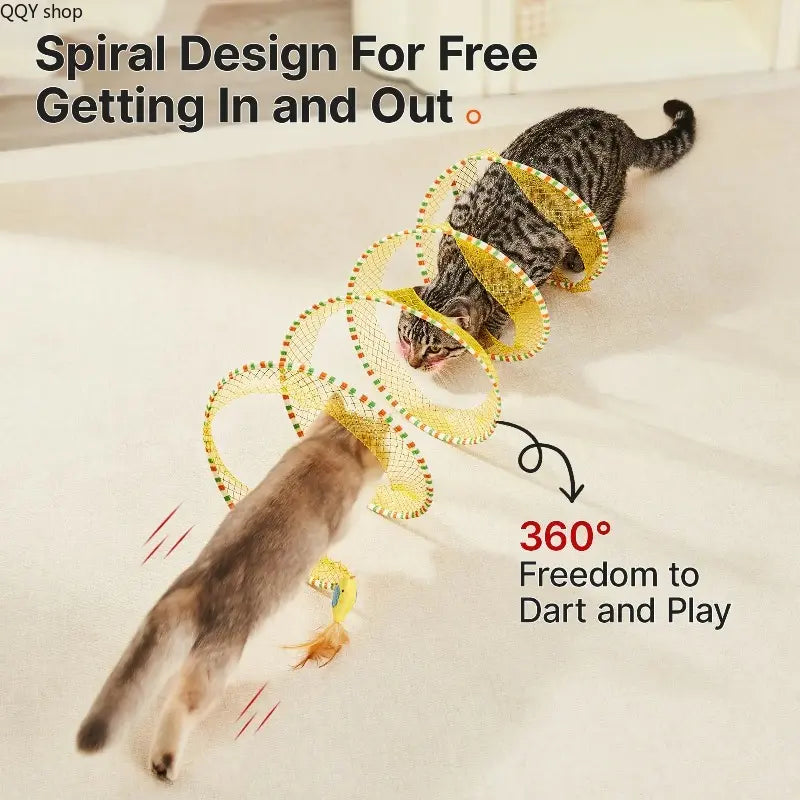 Spiral Tunnel Cat Toy, Collapsible Spring Cat Tunnel with Feather & Bell, 20 Inch Foldable Indoor Kitten Self Play Toy, Interactive Stimulating Pet Accessory, Durable Fun Play Tunnel for Indoor Cats & Small Pets