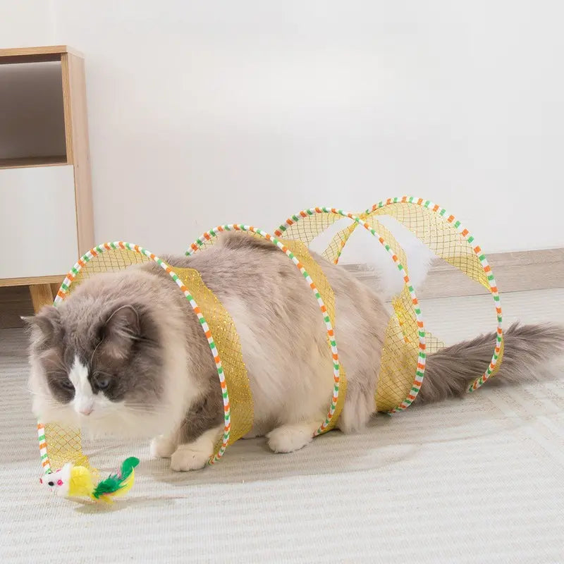 Spiral Tunnel Cat Toy, Collapsible Spring Cat Tunnel with Feather & Bell, 20 Inch Foldable Indoor Kitten Self Play Toy, Interactive Stimulating Pet Accessory, Durable Fun Play Tunnel for Indoor Cats & Small Pets
