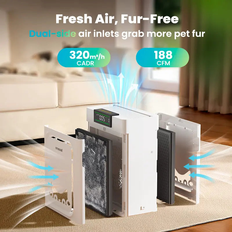 Oneisall Air Purifiers for Home Pets, 3-In-1 Washable HEPA Filter, Dual-Sided Filter with 200G Activated Carbon, Pet-Friendly Design – Pet Lock, Allergen Relief & Odor Removal Summervibes Petlovers