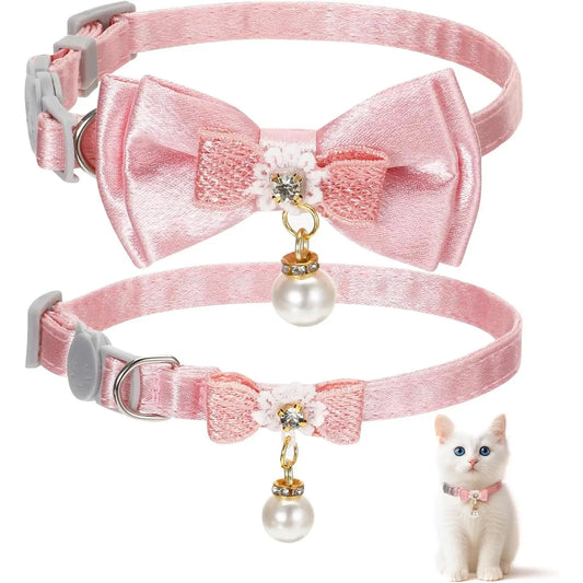 2Pack Adorable Cat Collar with Bow, Cute Kitten Collars for Girl Cats Pink Cat Bows & Accessories Breakaway Safety Cat Bowtie Collar(Style 1) Leash Cat Accessories