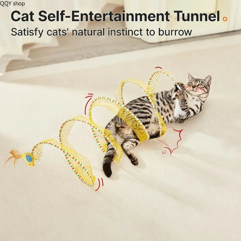 Spiral Tunnel Cat Toy, Collapsible Spring Cat Tunnel with Feather & Bell, 20 Inch Foldable Indoor Kitten Self Play Toy, Interactive Stimulating Pet Accessory, Durable Fun Play Tunnel for Indoor Cats & Small Pets