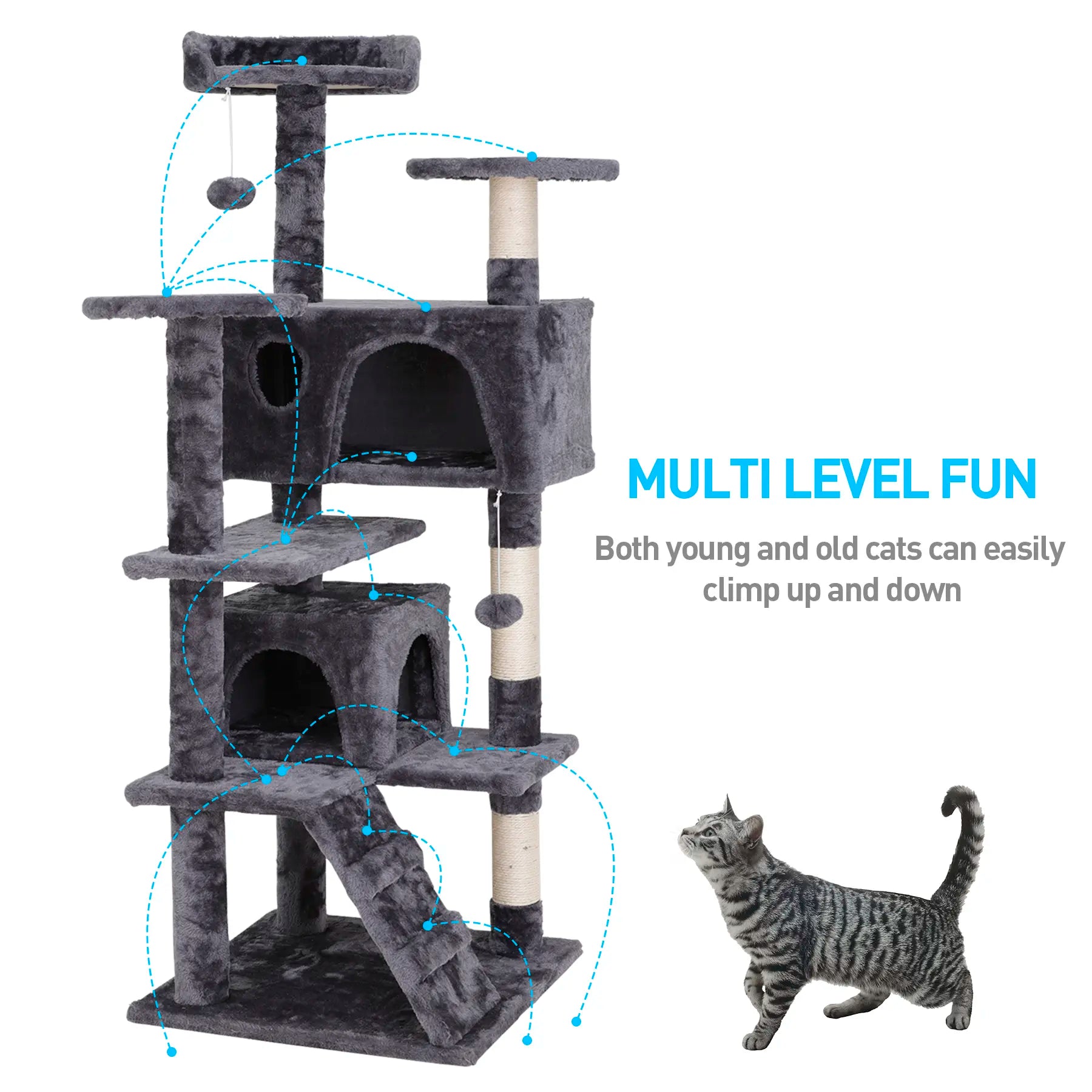 Segawe 55" Multi-Tier Cat Tree Condo - Plush Sisal Scratching Posts for Claw Sharpening, Secure Perches, 2 Cozy Hideaways for Medium Cats, Cool Room Decor, Apartment Stuff