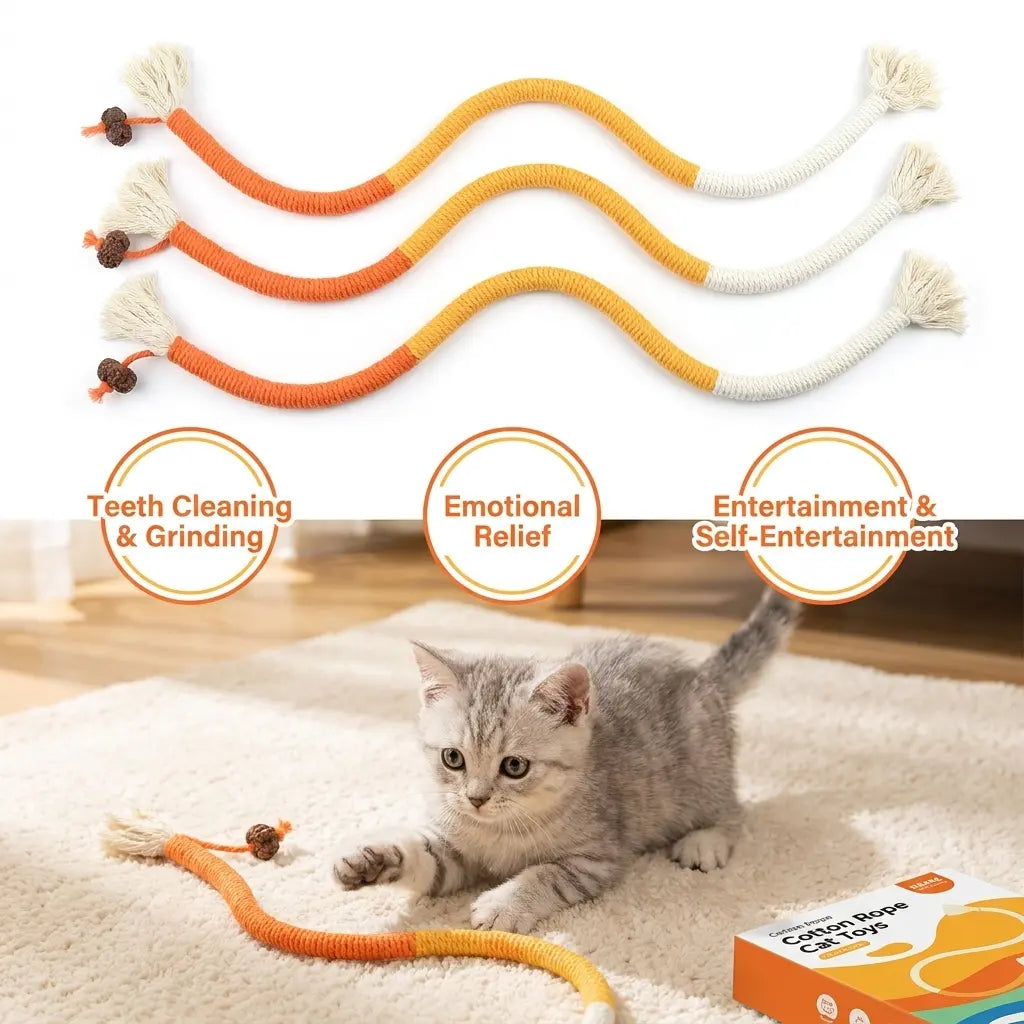 2-Pack Natural Cotton Cat Chew Ropes | Dental Teething Toy with Silvervine for Indoor Kittens