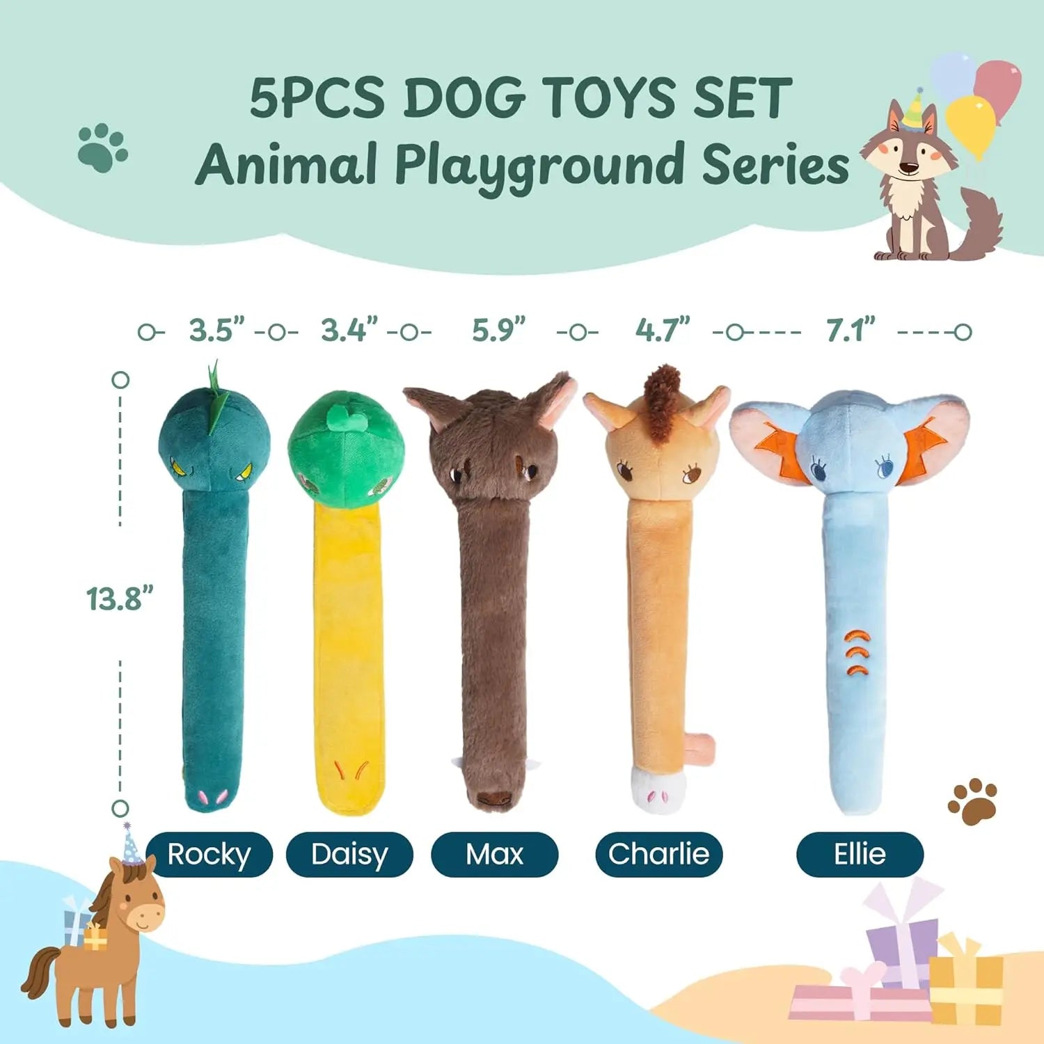 Nocciola 5 Pack Long Snout Squeaky Dog Toys, Plush Wild Animals with Crinkle Paper & Treat-Hiding Compartment, Interactive Fetch Toy for Aggressive Chewers & All Breeds