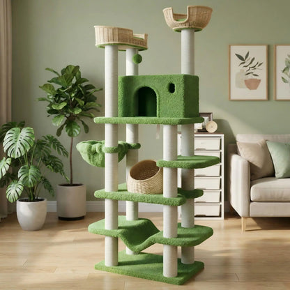 Muticor 57/74/81-Inch Cat Tree Tower with Wicker Baskets & Plush Lamb Wool Perches #Summervibes