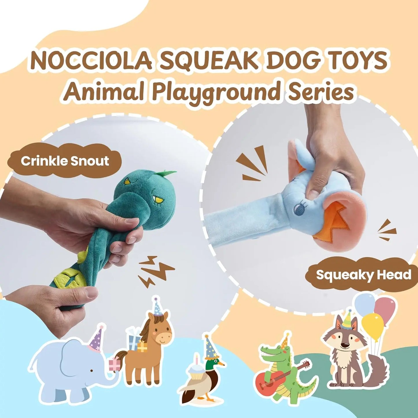 Nocciola 5 Pack Long Snout Squeaky Dog Toys, Plush Wild Animals with Crinkle Paper & Treat-Hiding Compartment, Interactive Fetch Toy for Aggressive Chewers & All Breeds