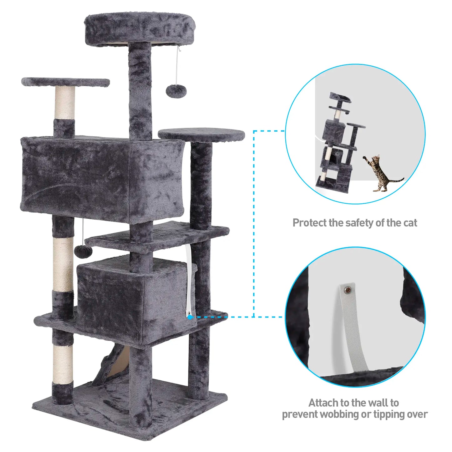 Segawe 55" Multi-Tier Cat Tree Condo - Plush Sisal Scratching Posts for Claw Sharpening, Secure Perches, 2 Cozy Hideaways for Medium Cats, Cool Room Decor, Apartment Stuff