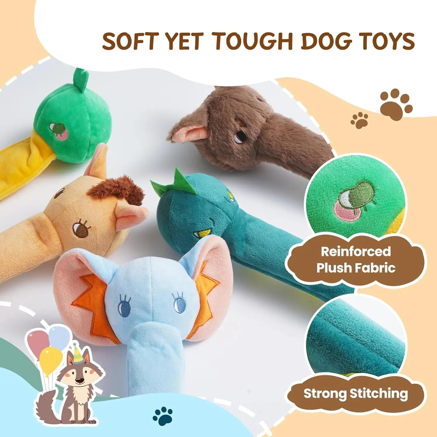 Nocciola 5 Pack Long Snout Squeaky Dog Toys, Plush Wild Animals with Crinkle Paper & Treat-Hiding Compartment, Interactive Fetch Toy for Aggressive Chewers & All Breeds