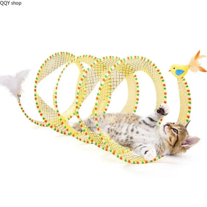 Spiral Tunnel Cat Toy, Collapsible Spring Cat Tunnel with Feather & Bell, 20 Inch Foldable Indoor Kitten Self Play Toy, Interactive Stimulating Pet Accessory, Durable Fun Play Tunnel for Indoor Cats & Small Pets