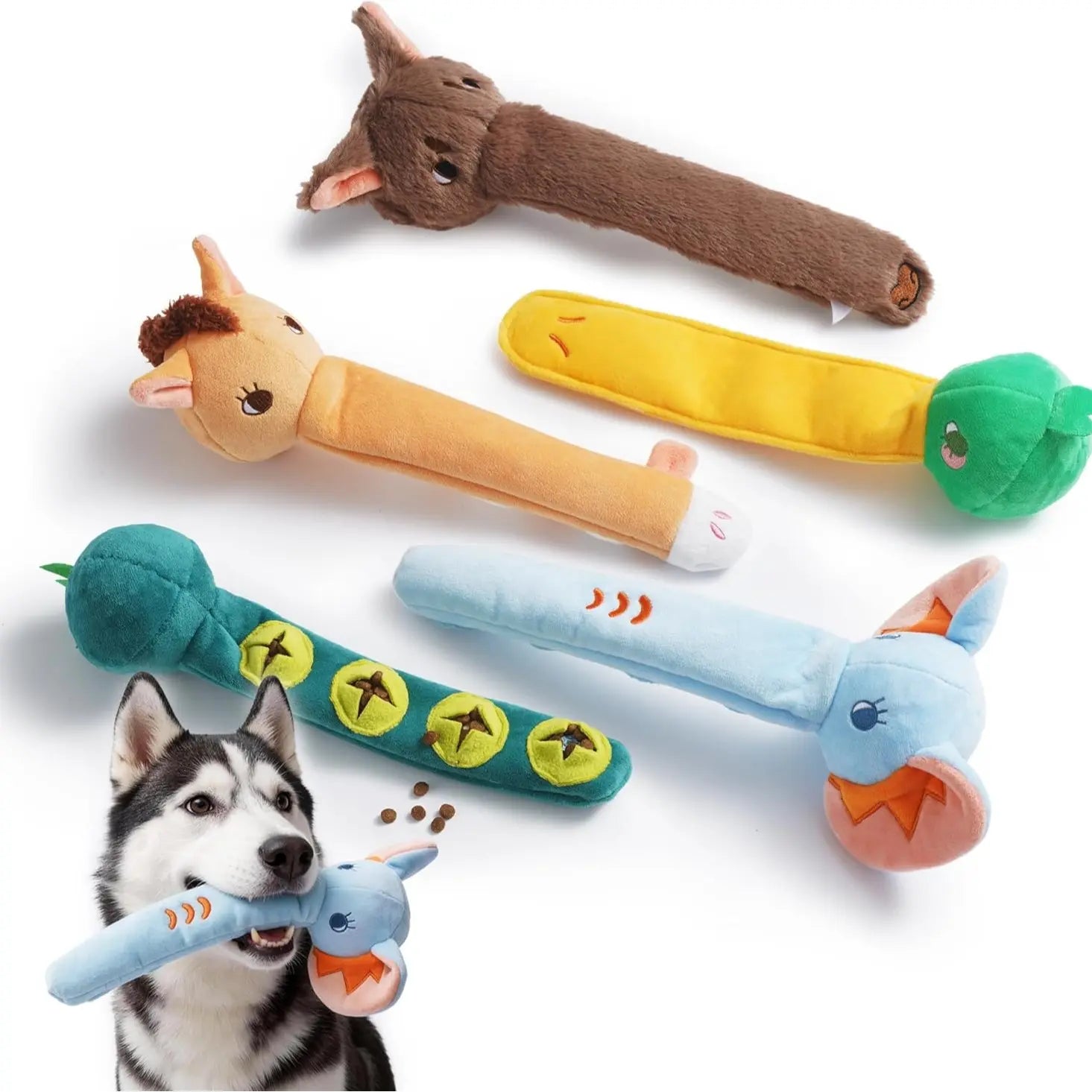Nocciola 5 Pack Long Snout Squeaky Dog Toys, Plush Wild Animals with Crinkle Paper & Treat-Hiding Compartment, Interactive Fetch Toy for Aggressive Chewers & All Breeds