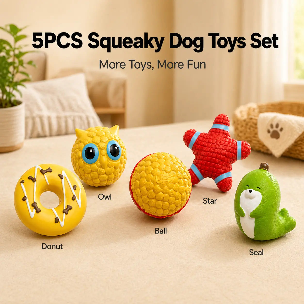 5PCS Squeaky Latex Dog Chew Set - Cute Soft Interactive Squeak Toys for Small-Medium Dogs, Fetch Accessories (Donut, Owl, Ball, Star, Seal) - Lightweight, Easy-To-Clean for Outdoor Play