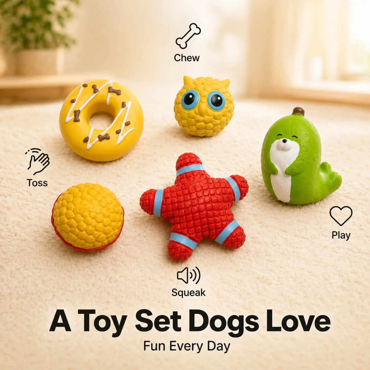 5PCS Squeaky Latex Dog Chew Set - Cute Soft Interactive Squeak Toys for Small-Medium Dogs, Fetch Accessories (Donut, Owl, Ball, Star, Seal) - Lightweight, Easy-To-Clean for Outdoor Play