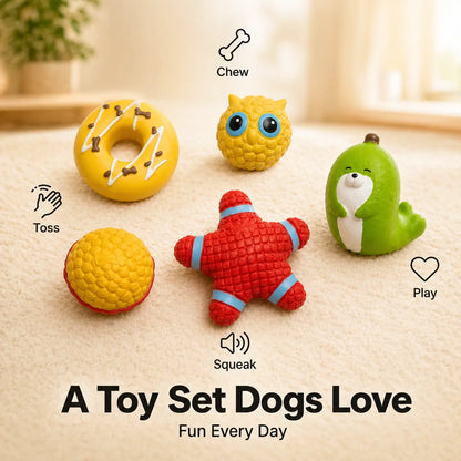 5PCS Squeaky Latex Dog Chew Set - Cute Soft Interactive Squeak Toys for Small-Medium Dogs, Fetch Accessories (Donut, Owl, Ball, Star, Seal) - Lightweight, Easy-To-Clean for Outdoor Play