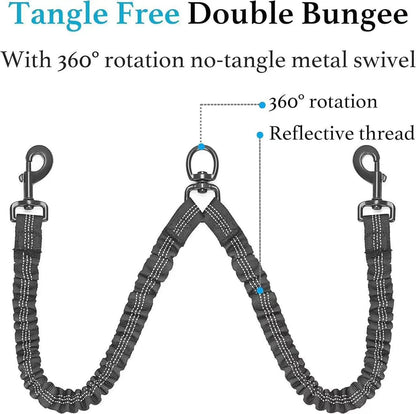Pipidodo Dual Dog Leash with Shock Absorber, Tangle-Free 360° Swivel, Comfortable Padded Handle for Walking 2 Dogs No Pull