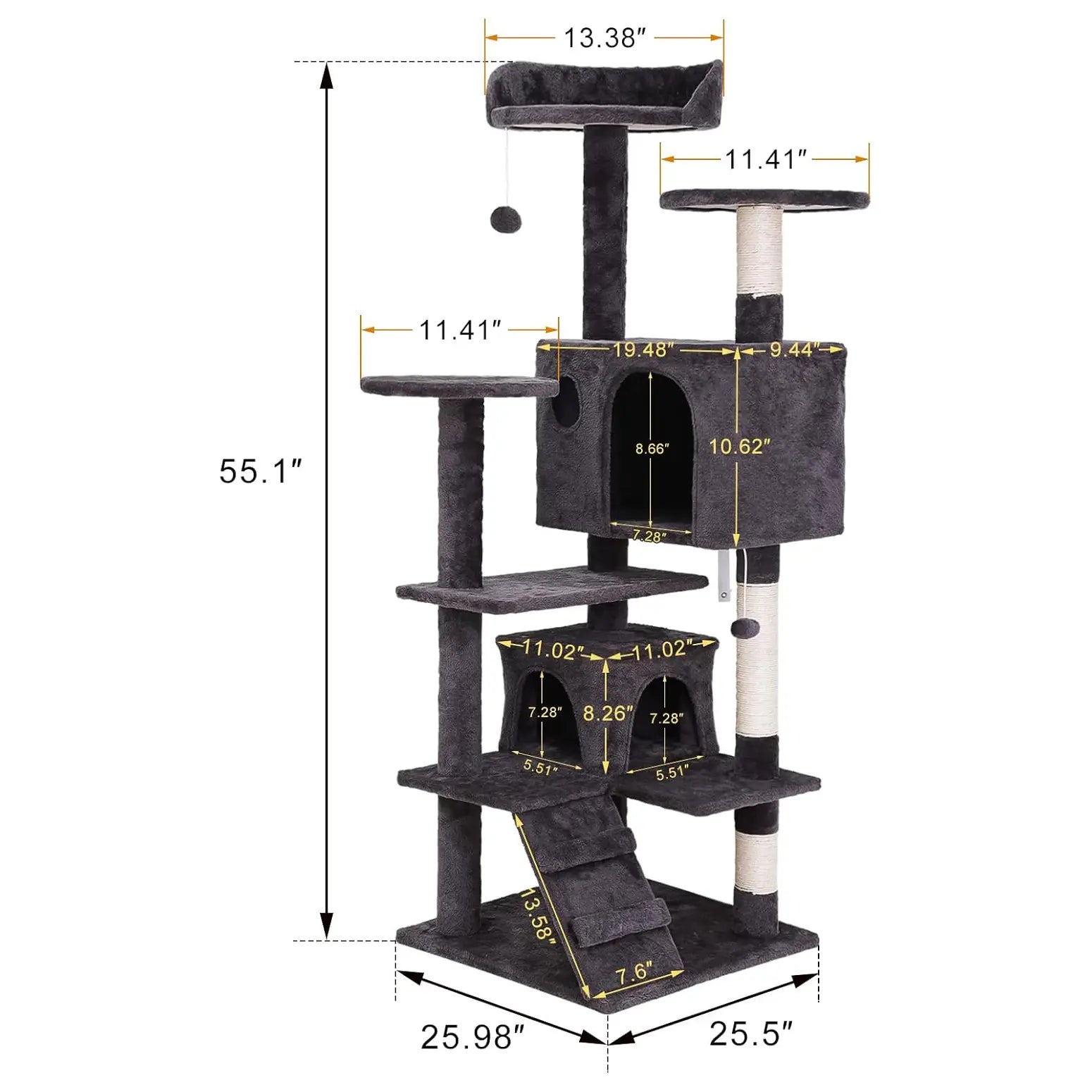 Segawe 55" Multi-Tier Cat Tree Condo - Plush Sisal Scratching Posts for Claw Sharpening, Secure Perches, 2 Cozy Hideaways for Medium Cats, Cool Room Decor, Apartment Stuff