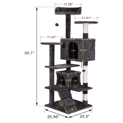 Segawe 55" Multi-Tier Cat Tree Condo - Plush Sisal Scratching Posts for Claw Sharpening, Secure Perches, 2 Cozy Hideaways for Medium Cats, Cool Room Decor, Apartment Stuff