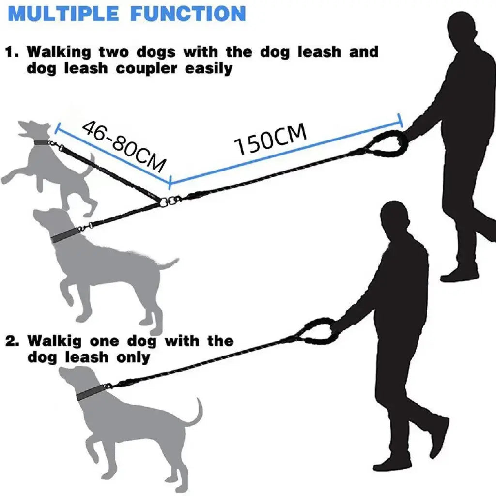Pipidodo Dual Dog Leash with Shock Absorber, Tangle-Free 360° Swivel, Comfortable Padded Handle for Walking 2 Dogs No Pull